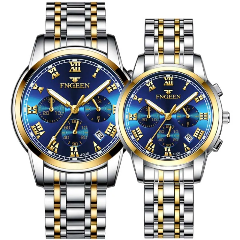 2 Piece Set Luminous Waterproof Calendar Steel Band Men's Watch Women's Watch Couple Watch Quartz Watch (Double Watch)