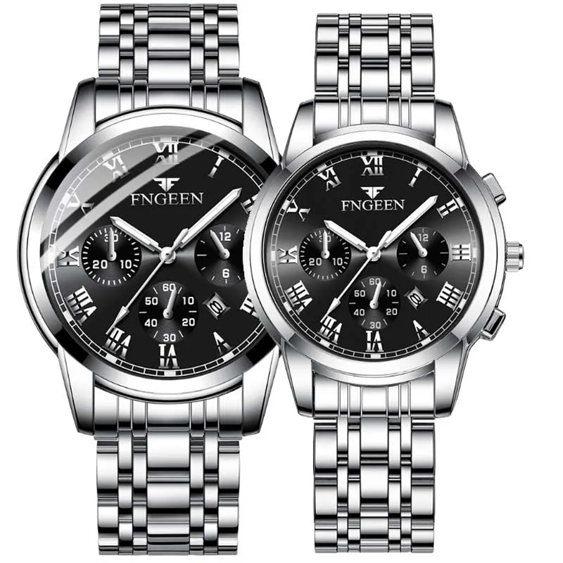 2 Piece Set Luminous Waterproof Calendar Steel Band Men's Watch Women's Watch Couple Watch Quartz Watch (Double Watch)