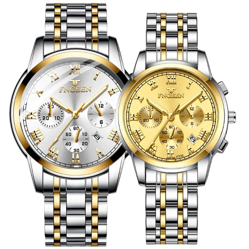 2 Piece Set Luminous Waterproof Calendar Steel Band Men's Watch Women's Watch Couple Watch Quartz Watch (Double Watch)