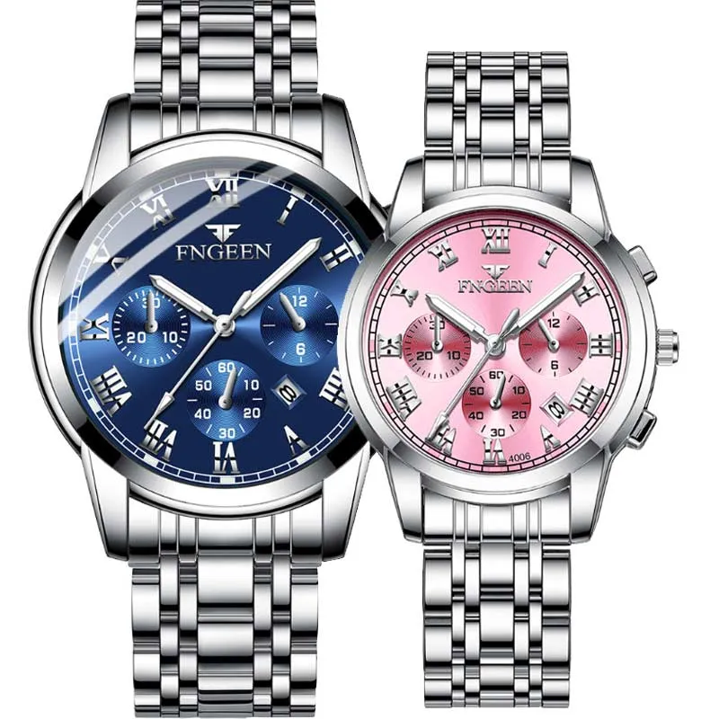 2 Piece Set Luminous Waterproof Calendar Steel Band Men's Watch Women's Watch Couple Watch Quartz Watch (Double Watch)