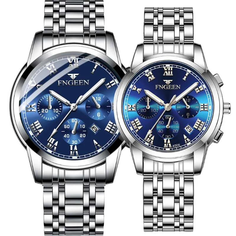 2 Piece Set Luminous Waterproof Calendar Steel Band Men's Watch Women's Watch Couple Watch Quartz Watch (Double Watch)