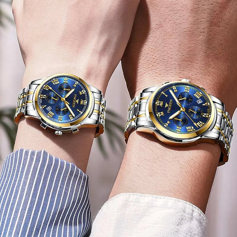 2 Piece Set Luminous Waterproof Calendar Steel Band Men's Watch Women's Watch Couple Watch Quartz Watch (Double Watch)