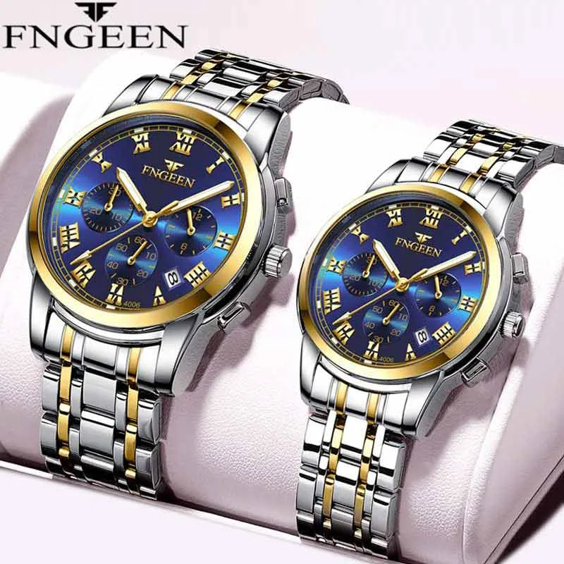 2 Piece Set Luminous Waterproof Calendar Steel Band Men's Watch Women's Watch Couple Watch Quartz Watch (Double Watch)