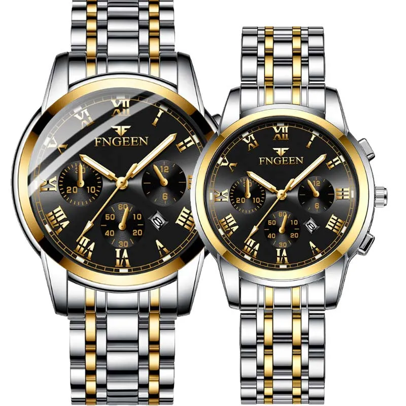 2 Piece Set Luminous Waterproof Calendar Steel Band Men's Watch Women's Watch Couple Watch Quartz Watch (Double Watch)