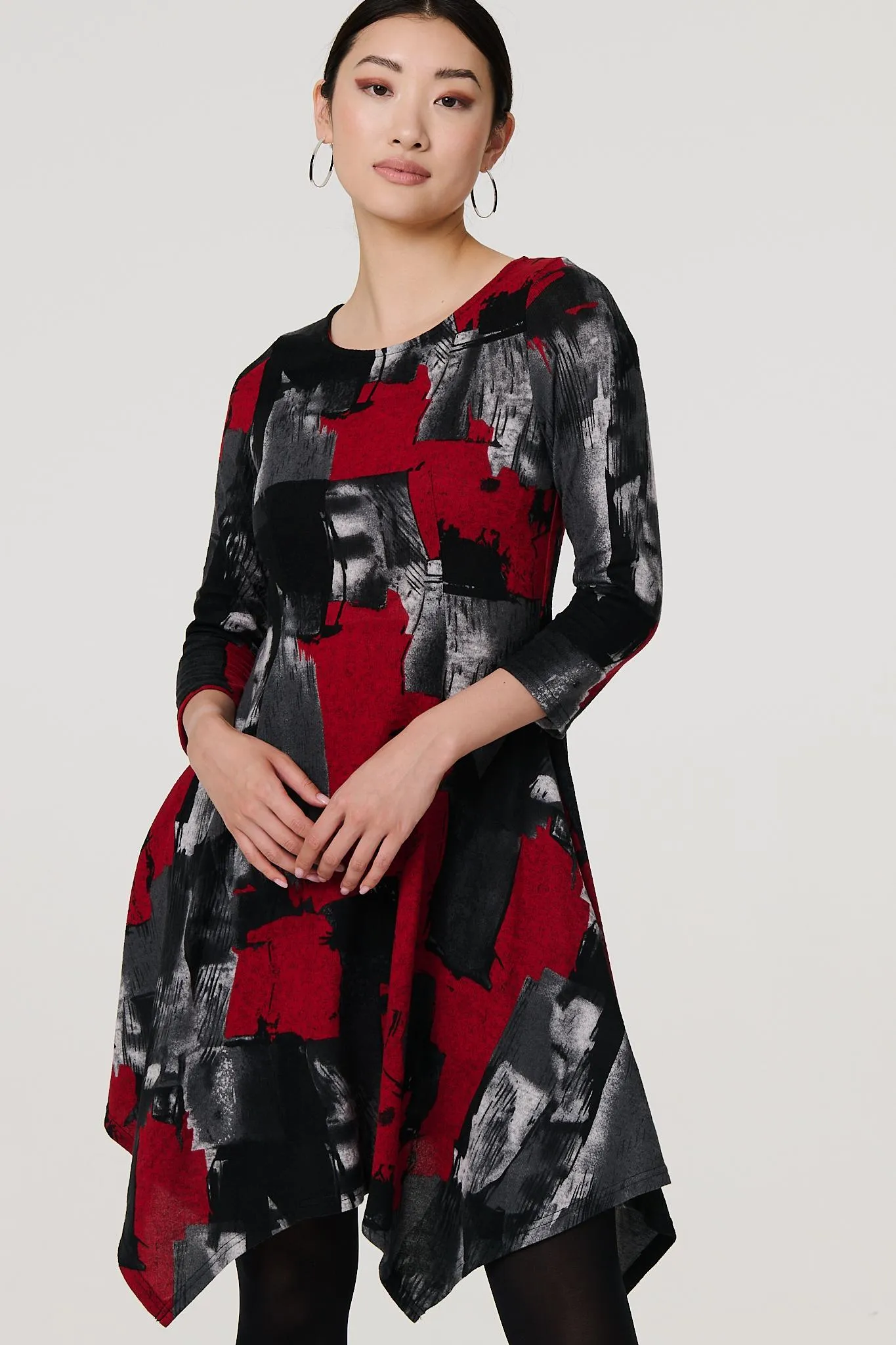 Abstract 3/4 Sleeve Hanky Hem Dress