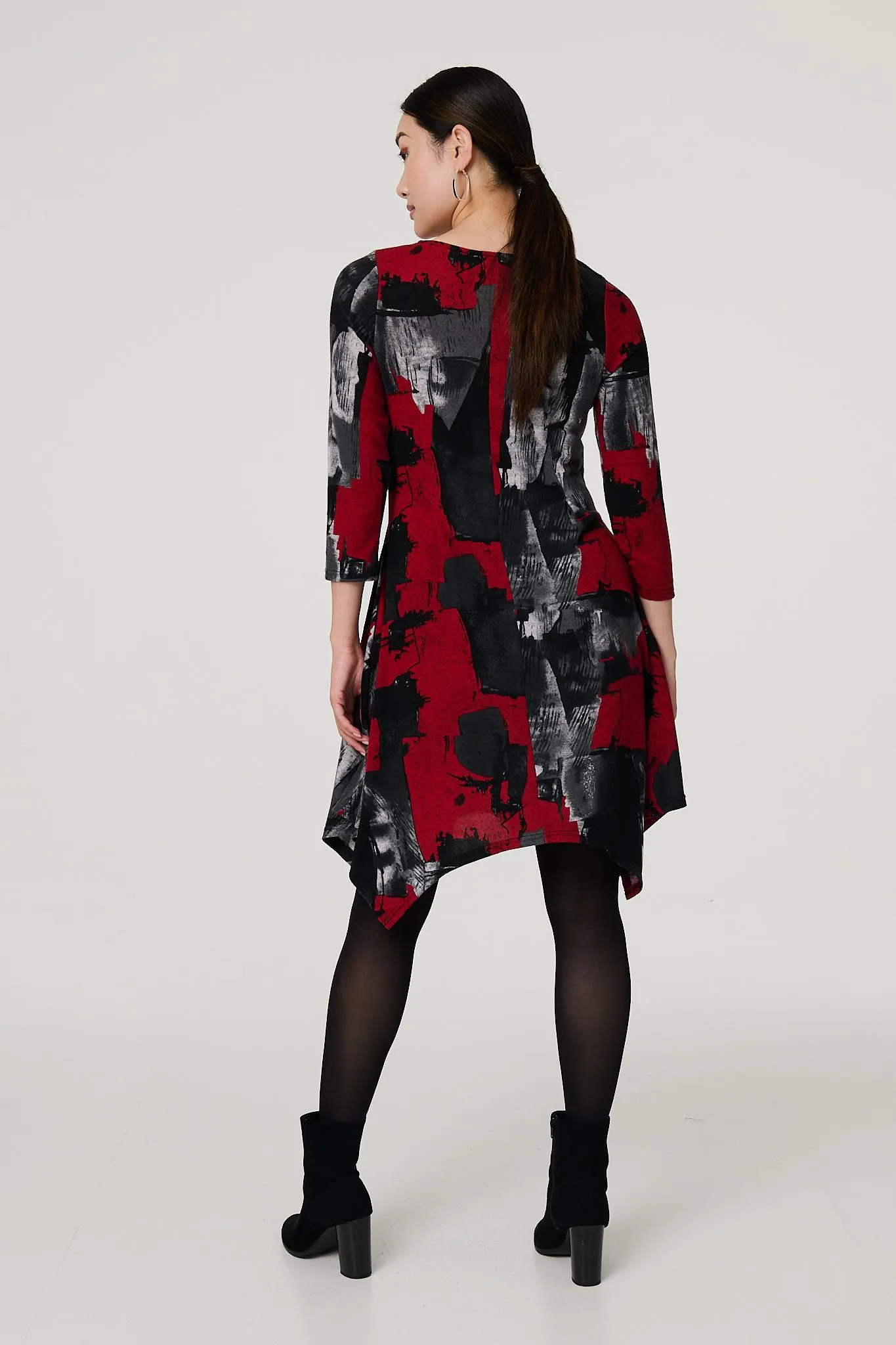 Abstract 3/4 Sleeve Hanky Hem Dress