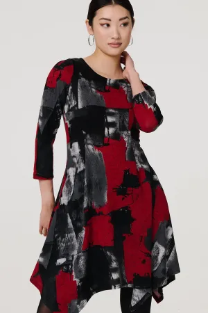 Abstract 3/4 Sleeve Hanky Hem Dress