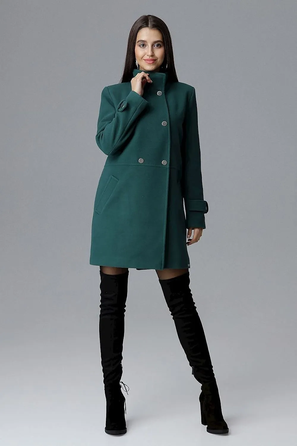 Classic, double-breasted coat with a stand-up collar Figl