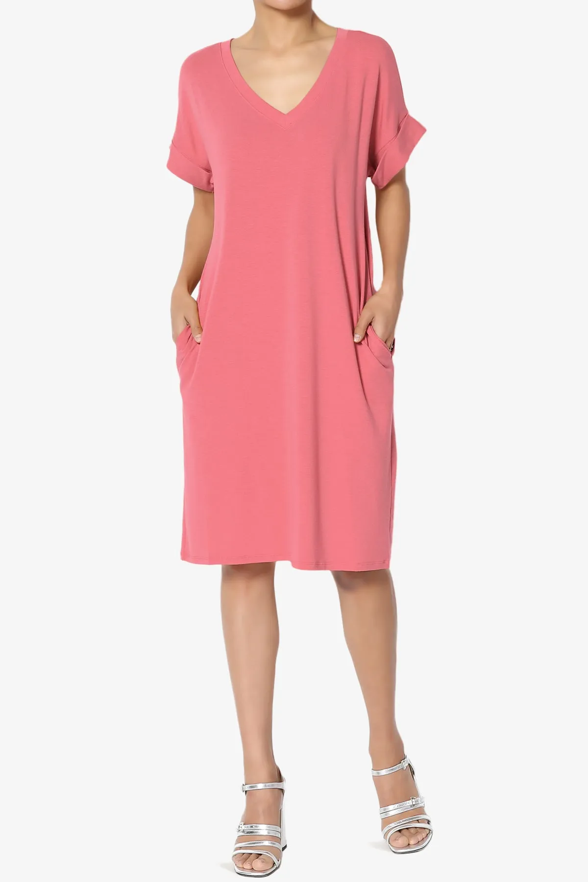 Cliff Rolled Short Sleeve V-Neck Dress