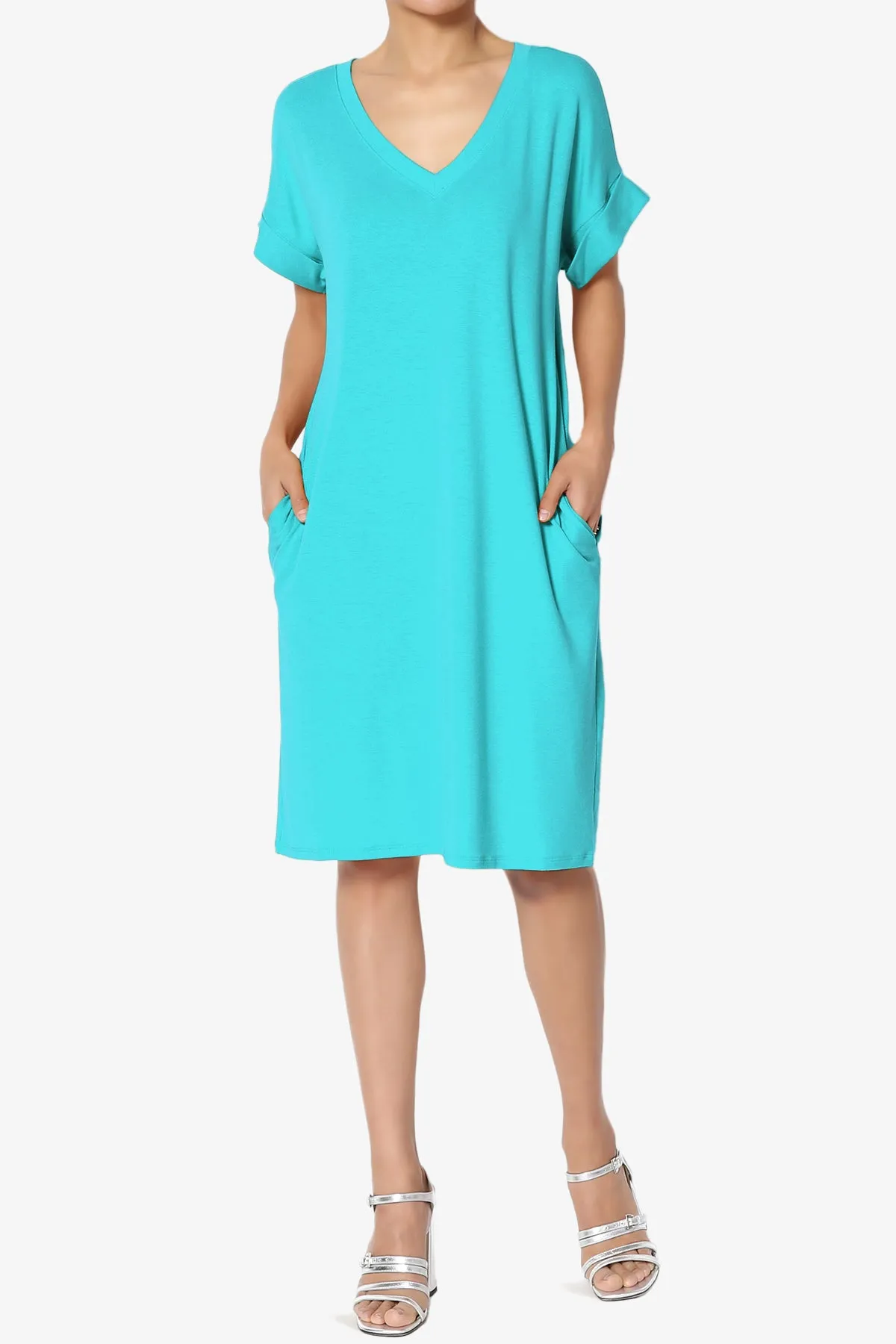 Cliff Rolled Short Sleeve V-Neck Dress
