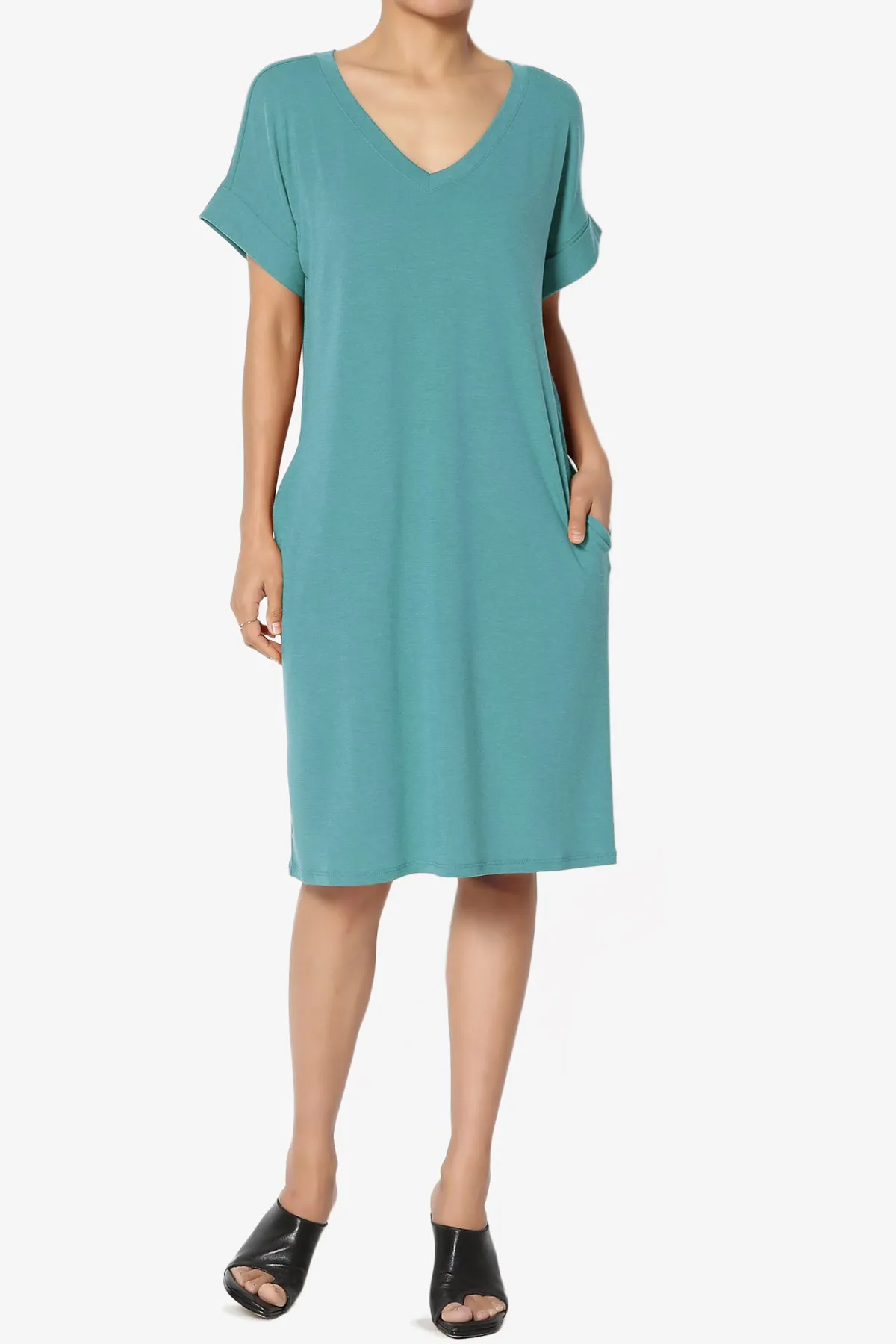 Cliff Rolled Short Sleeve V-Neck Dress