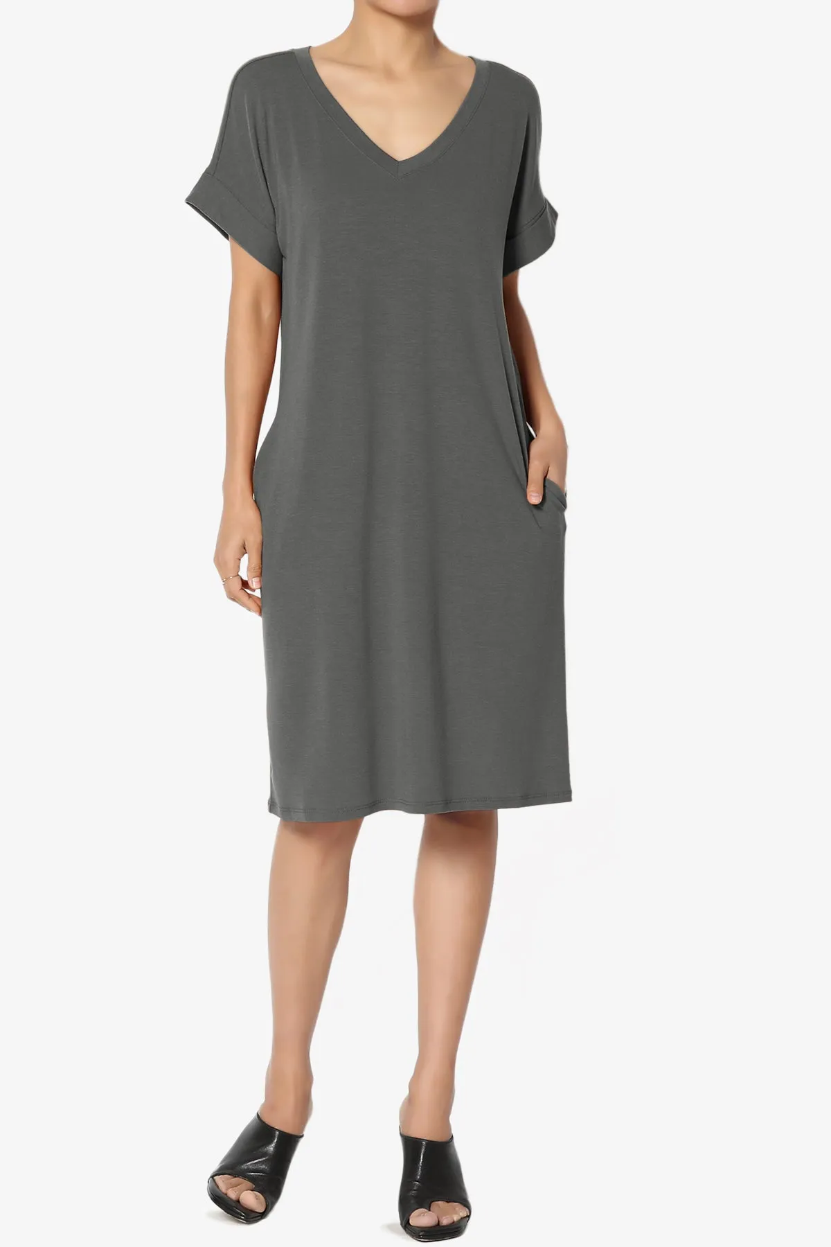 Cliff Rolled Short Sleeve V-Neck Dress
