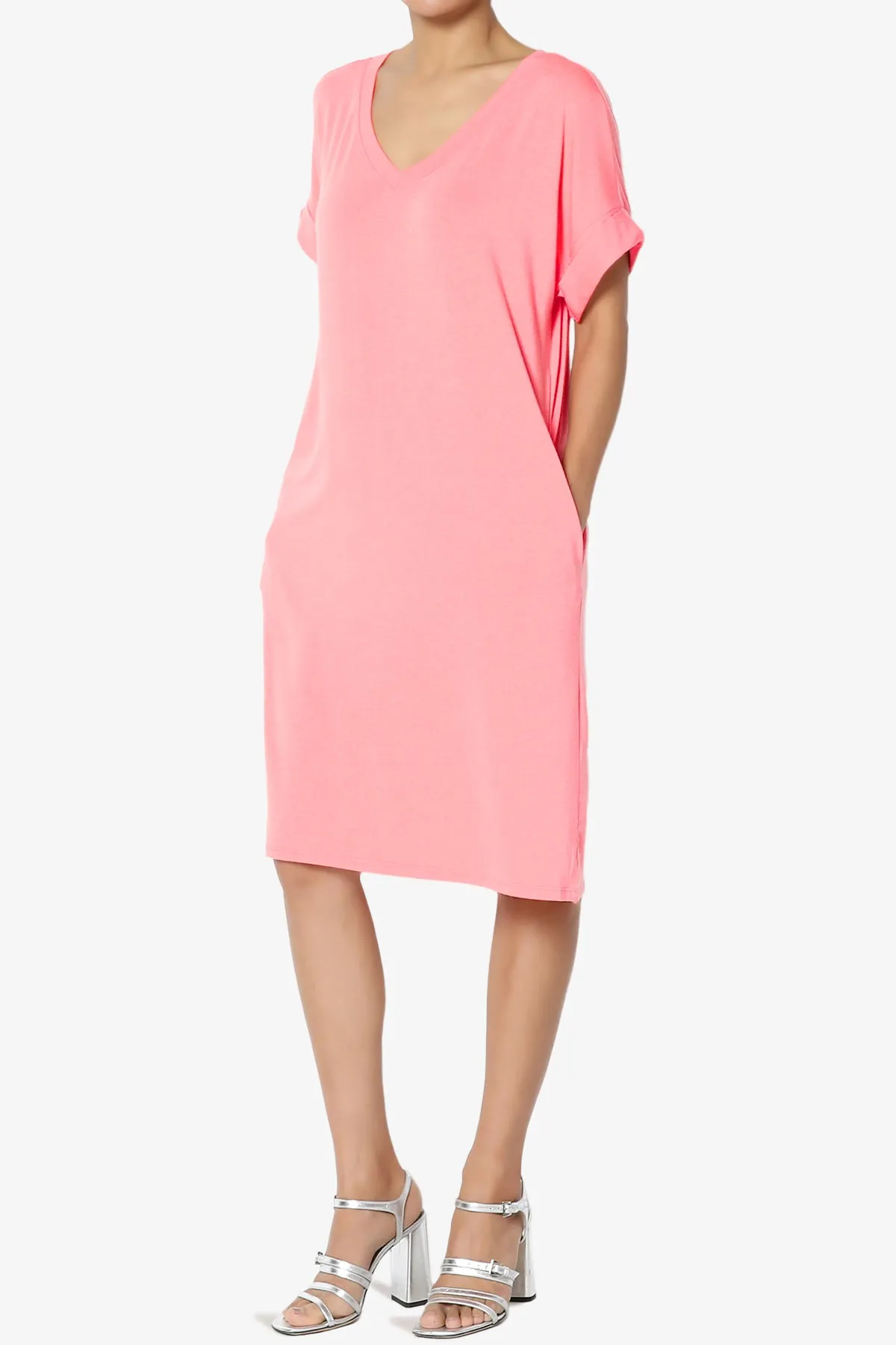 Cliff Rolled Short Sleeve V-Neck Dress