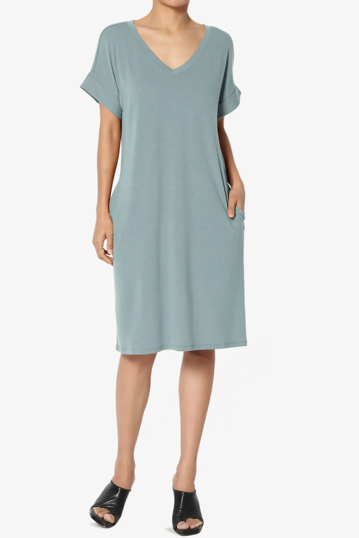 Cliff Rolled Short Sleeve V-Neck Dress