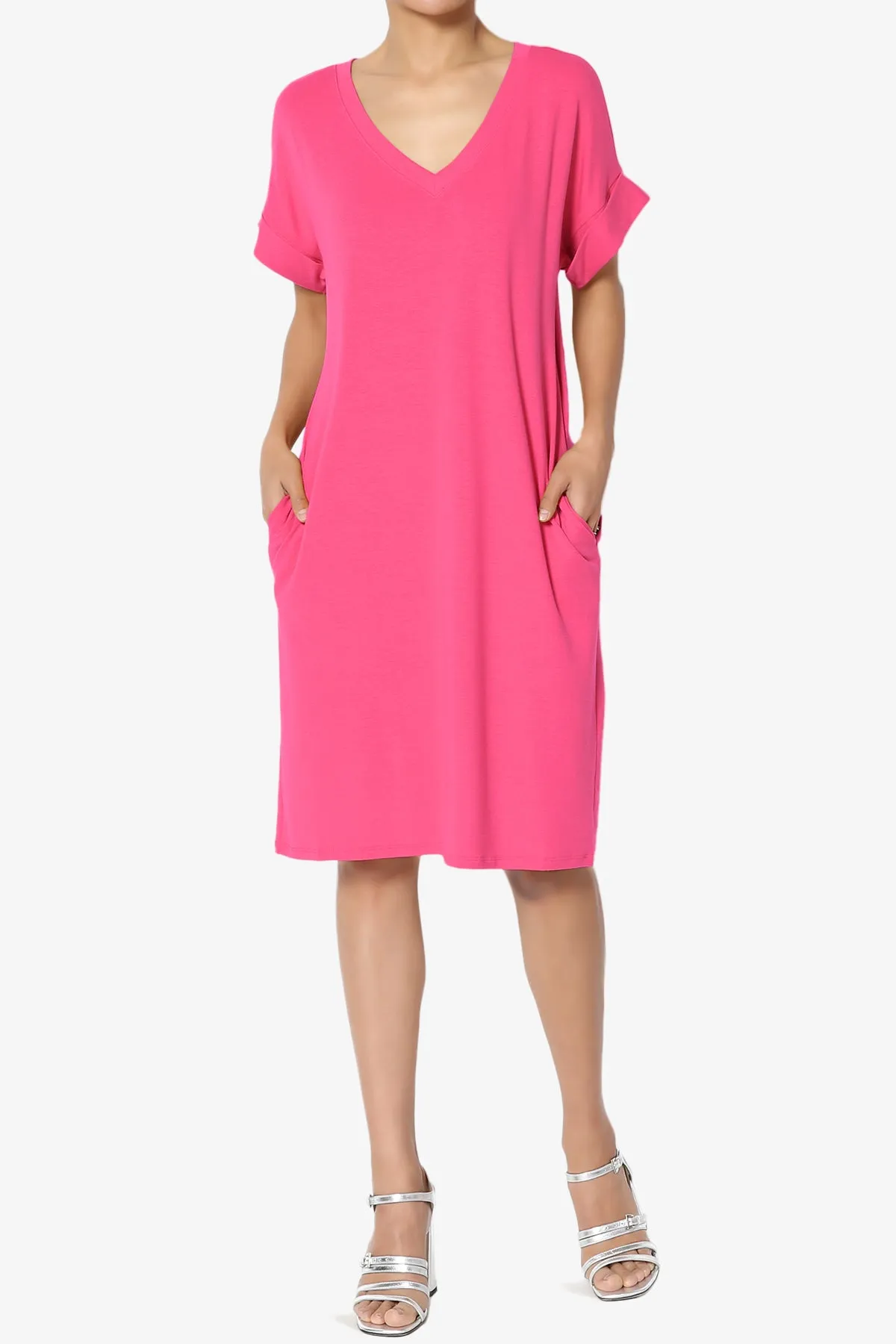 Cliff Rolled Short Sleeve V-Neck Dress