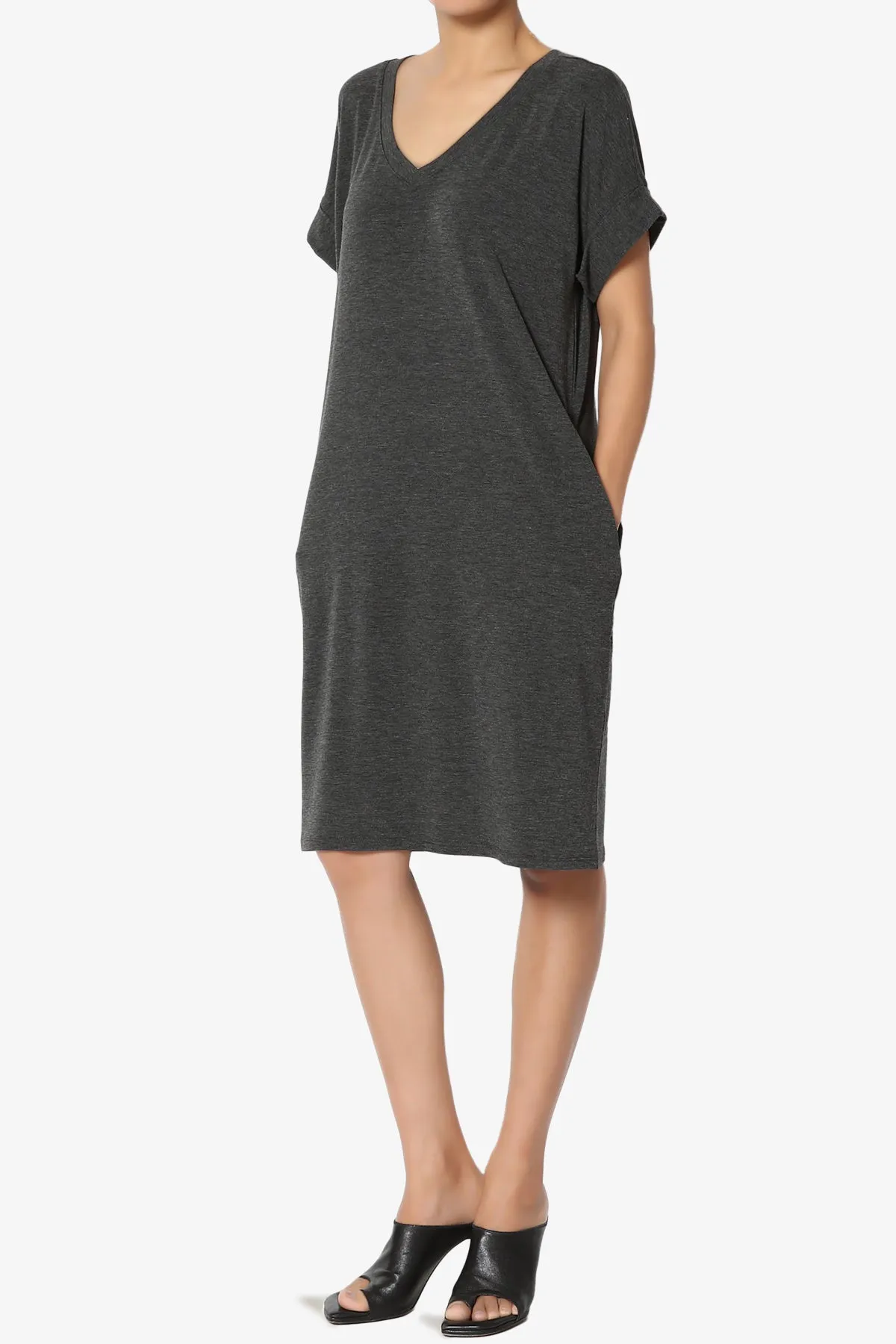 Cliff Rolled Short Sleeve V-Neck Dress