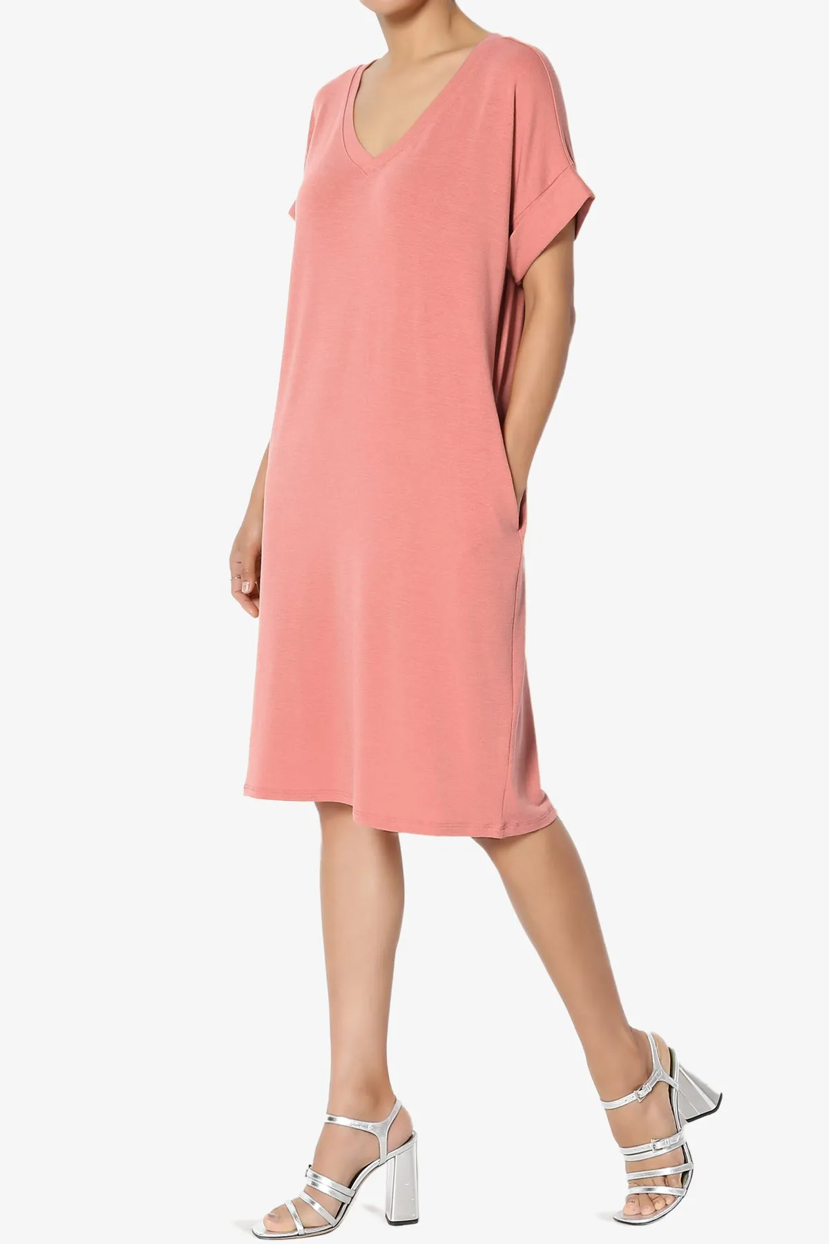 Cliff Rolled Short Sleeve V-Neck Dress