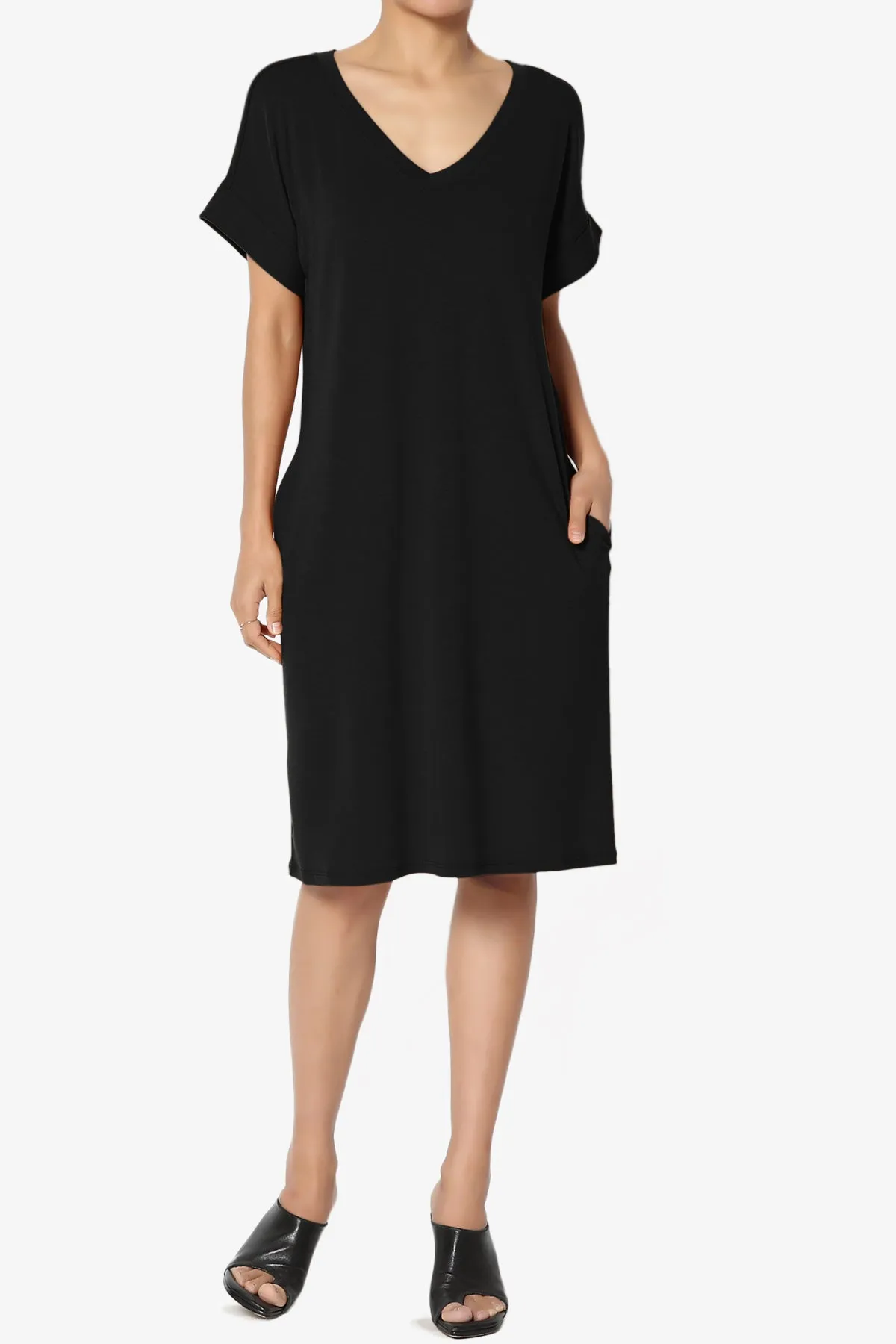 Cliff Rolled Short Sleeve V-Neck Dress