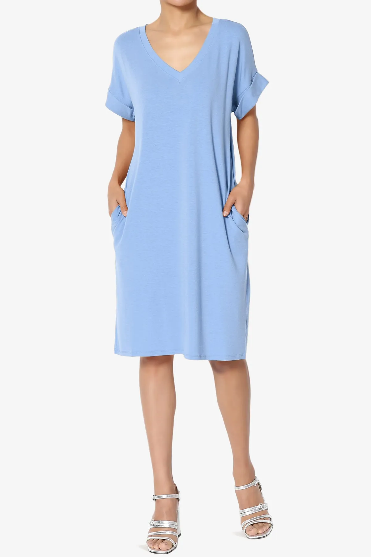 Cliff Rolled Short Sleeve V-Neck Dress