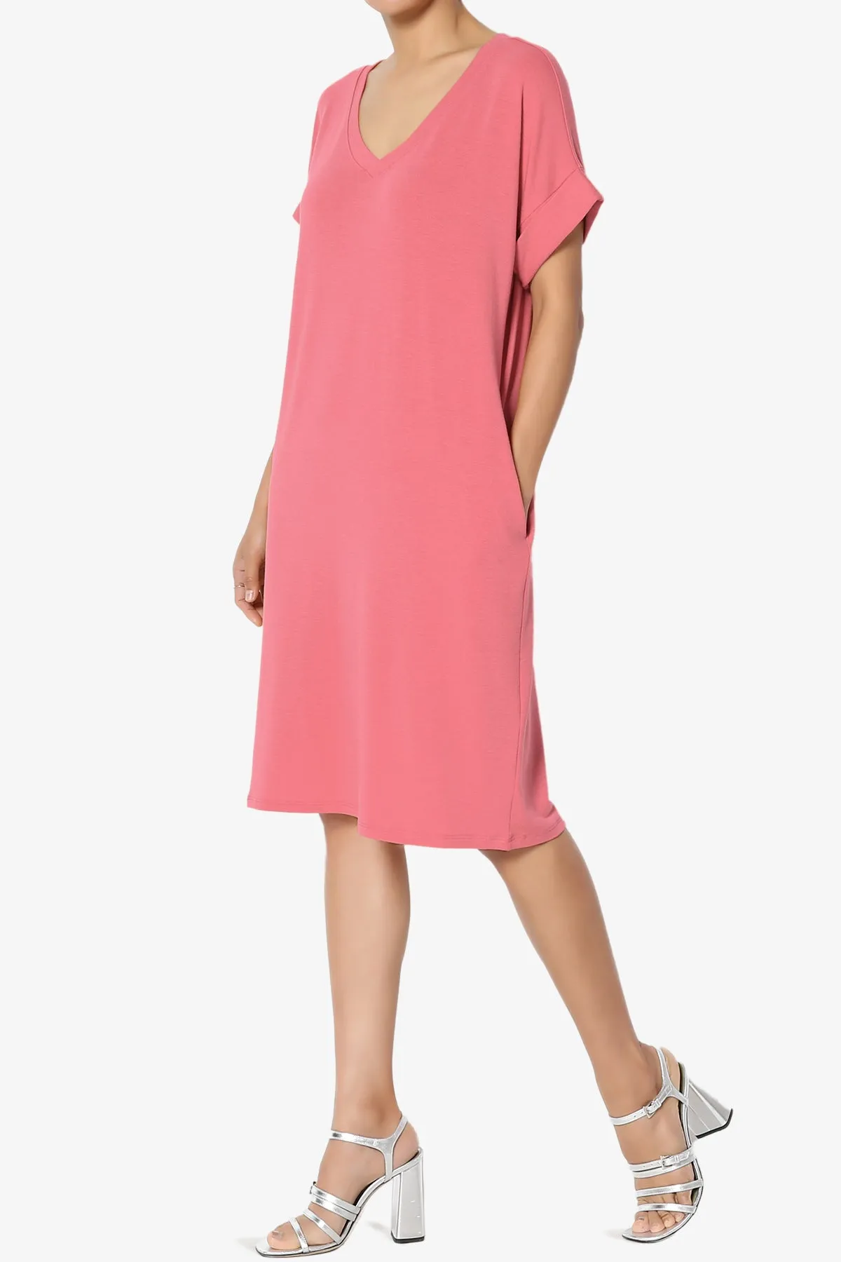 Cliff Rolled Short Sleeve V-Neck Dress