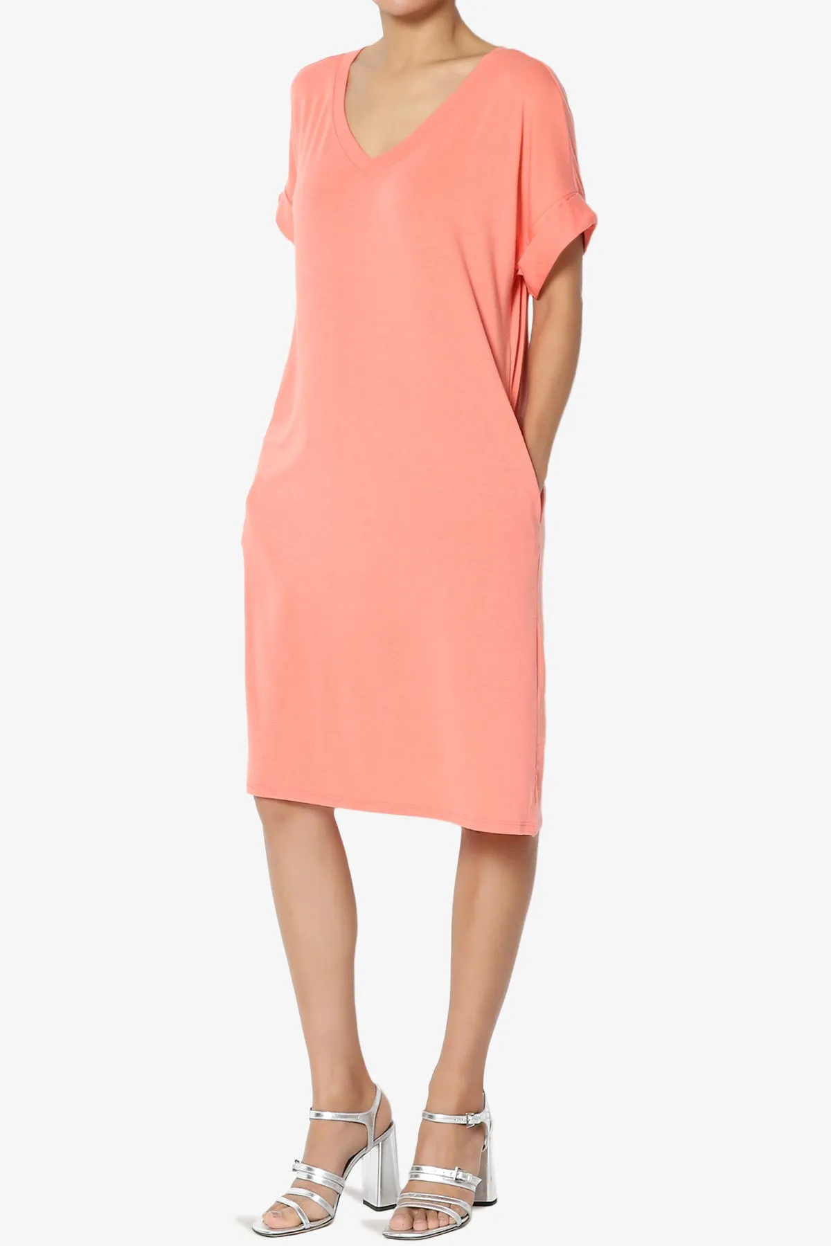 Cliff Rolled Short Sleeve V-Neck Dress