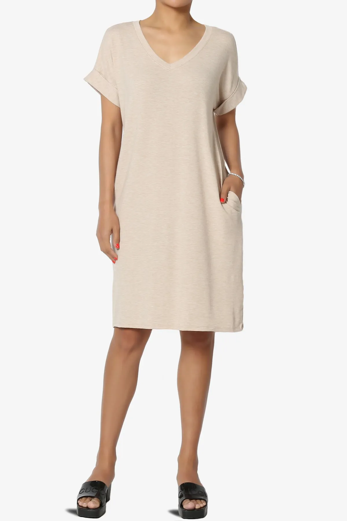 Cliff Rolled Short Sleeve V-Neck Dress