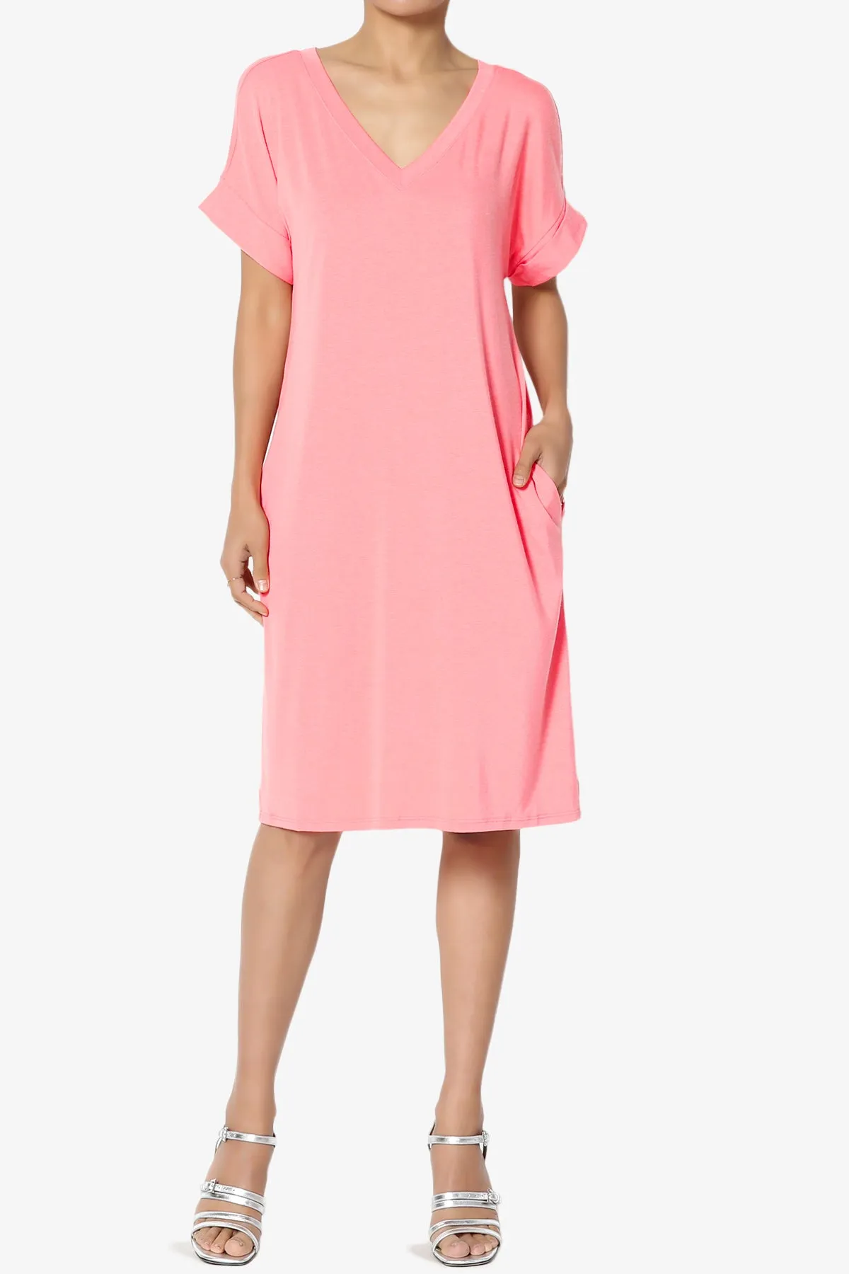 Cliff Rolled Short Sleeve V-Neck Dress