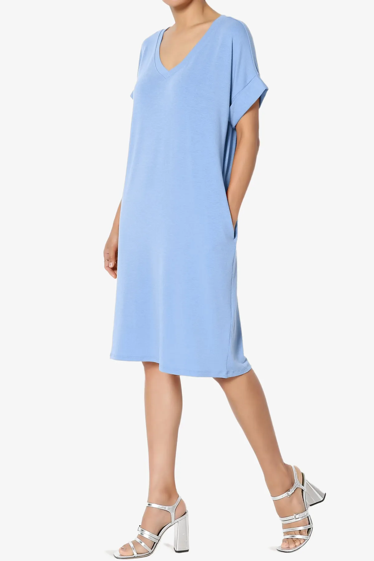 Cliff Rolled Short Sleeve V-Neck Dress