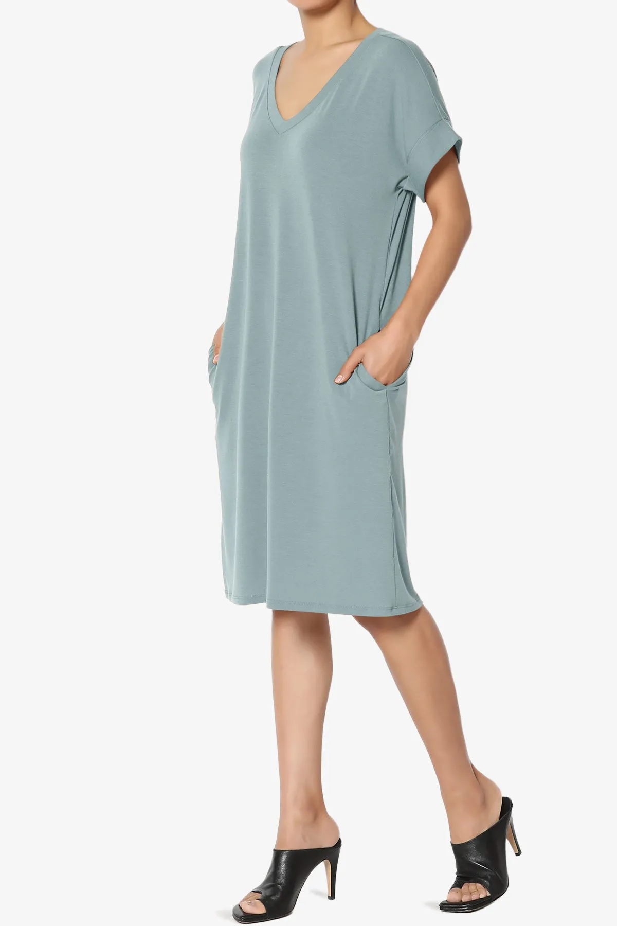 Cliff Rolled Short Sleeve V-Neck Dress