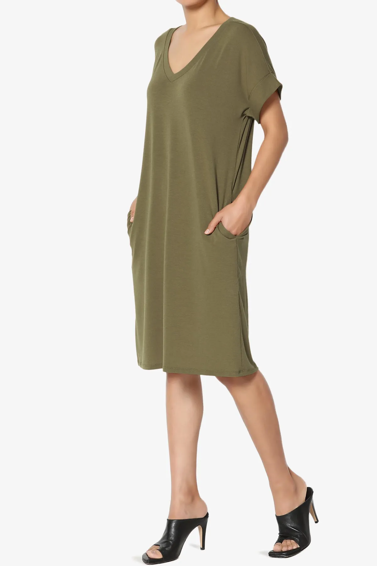 Cliff Rolled Short Sleeve V-Neck Dress