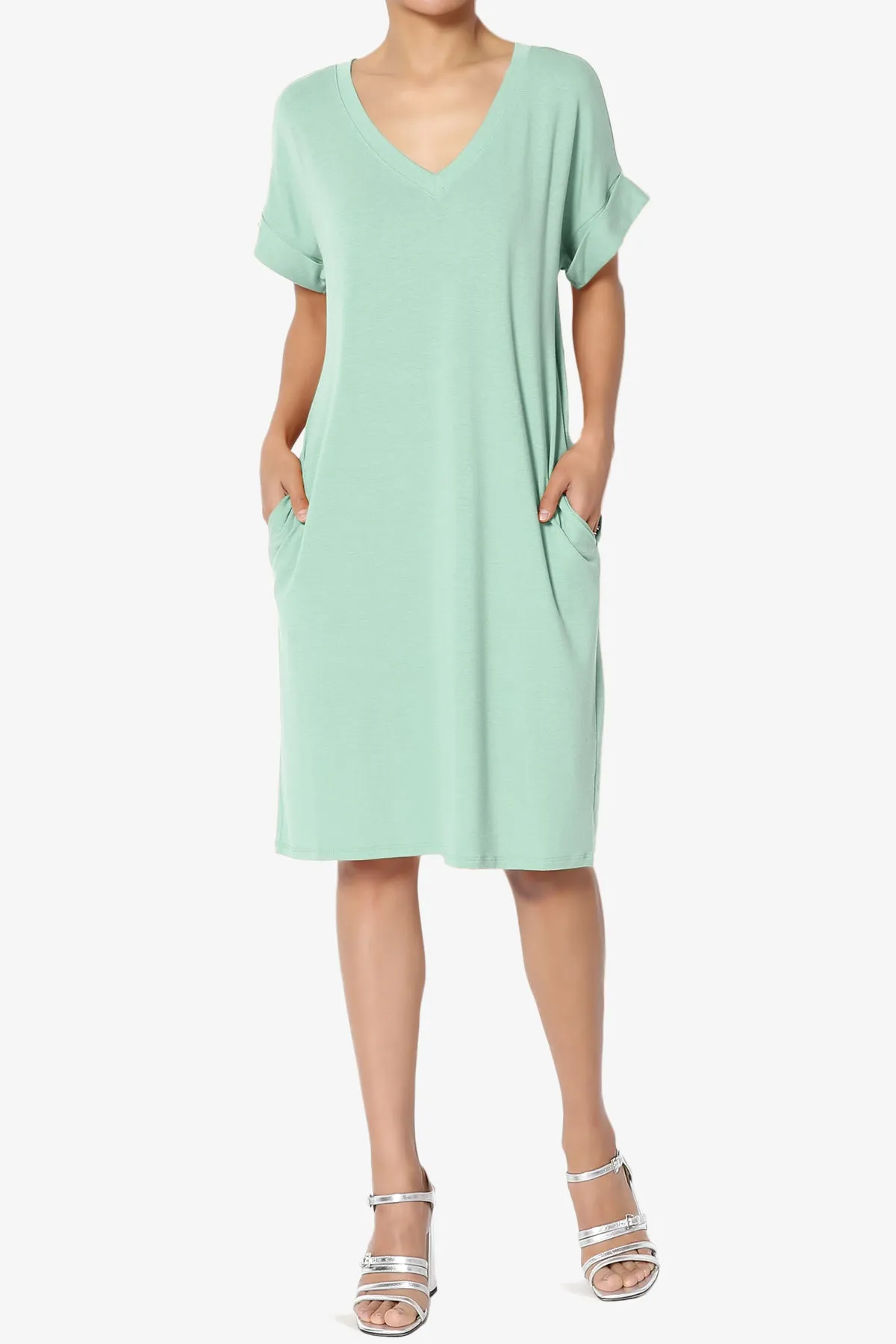 Cliff Rolled Short Sleeve V-Neck Dress