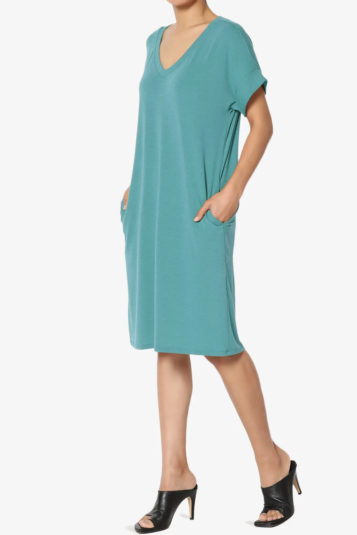 Cliff Rolled Short Sleeve V-Neck Dress