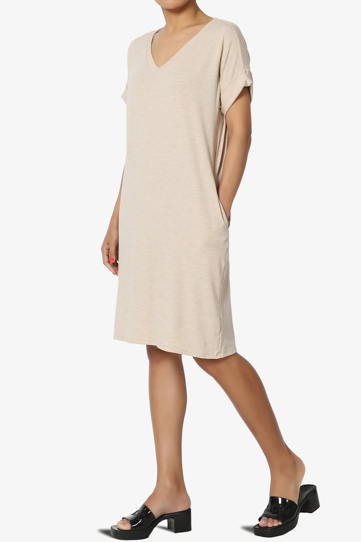 Cliff Rolled Short Sleeve V-Neck Dress