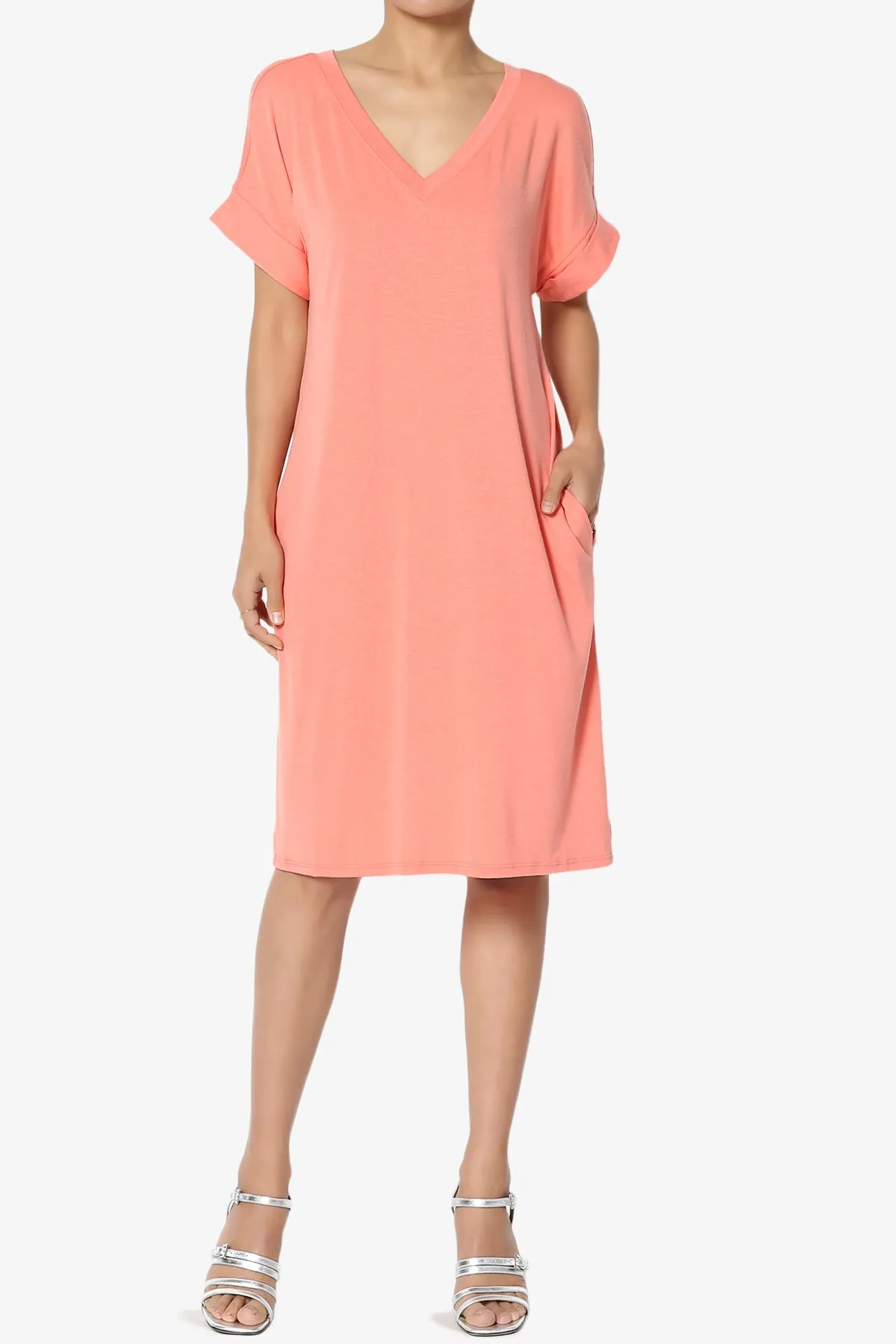 Cliff Rolled Short Sleeve V-Neck Dress