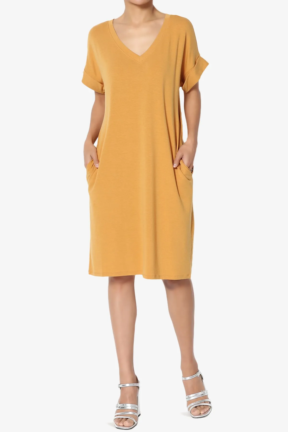 Cliff Rolled Short Sleeve V-Neck Dress