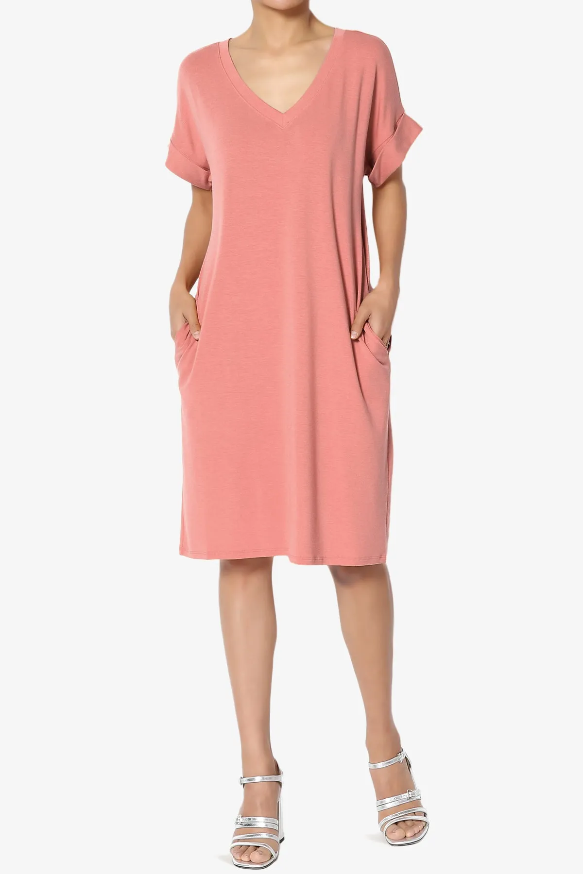 Cliff Rolled Short Sleeve V-Neck Dress