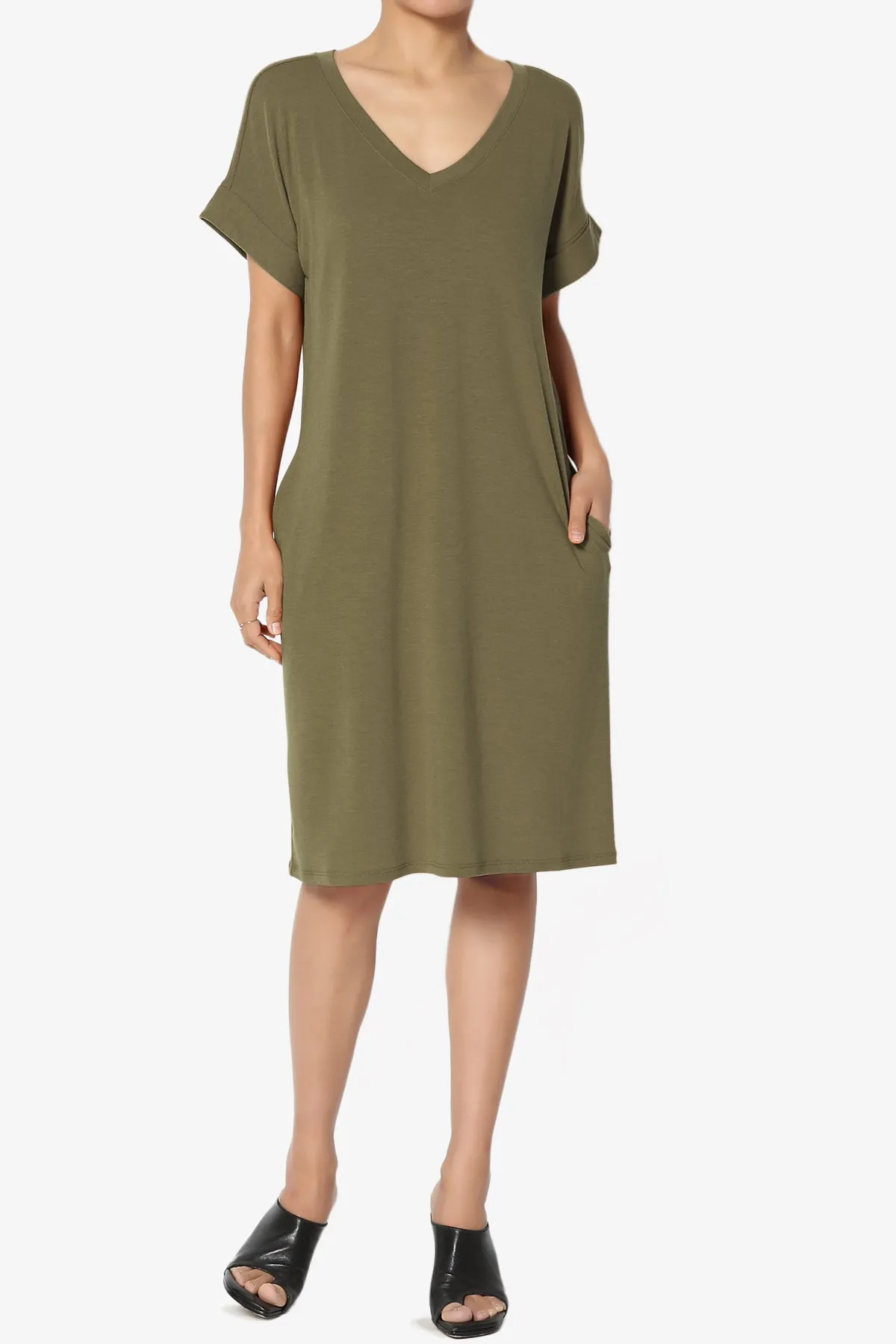Cliff Rolled Short Sleeve V-Neck Dress