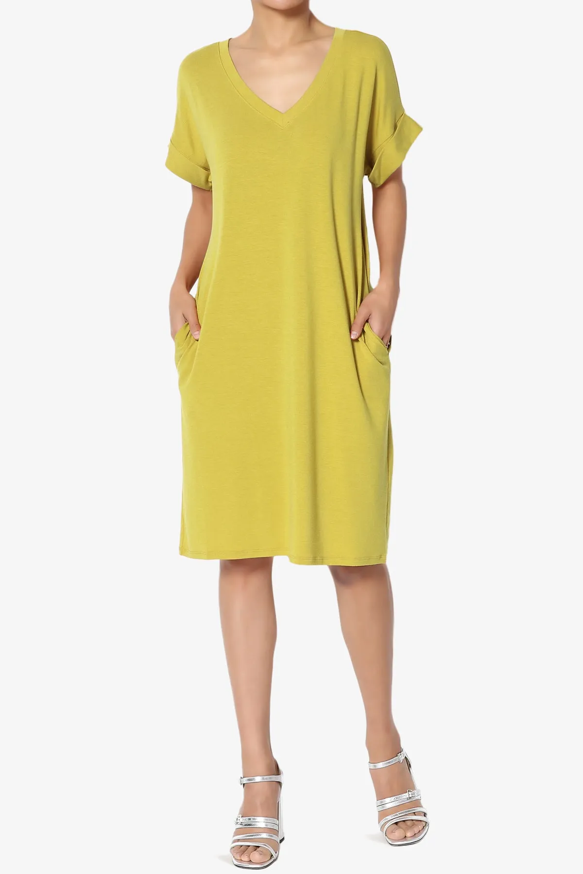 Cliff Rolled Short Sleeve V-Neck Dress