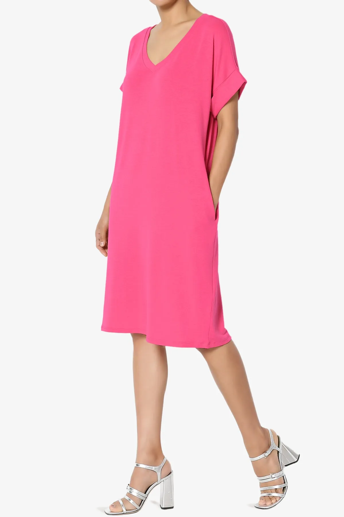 Cliff Rolled Short Sleeve V-Neck Dress