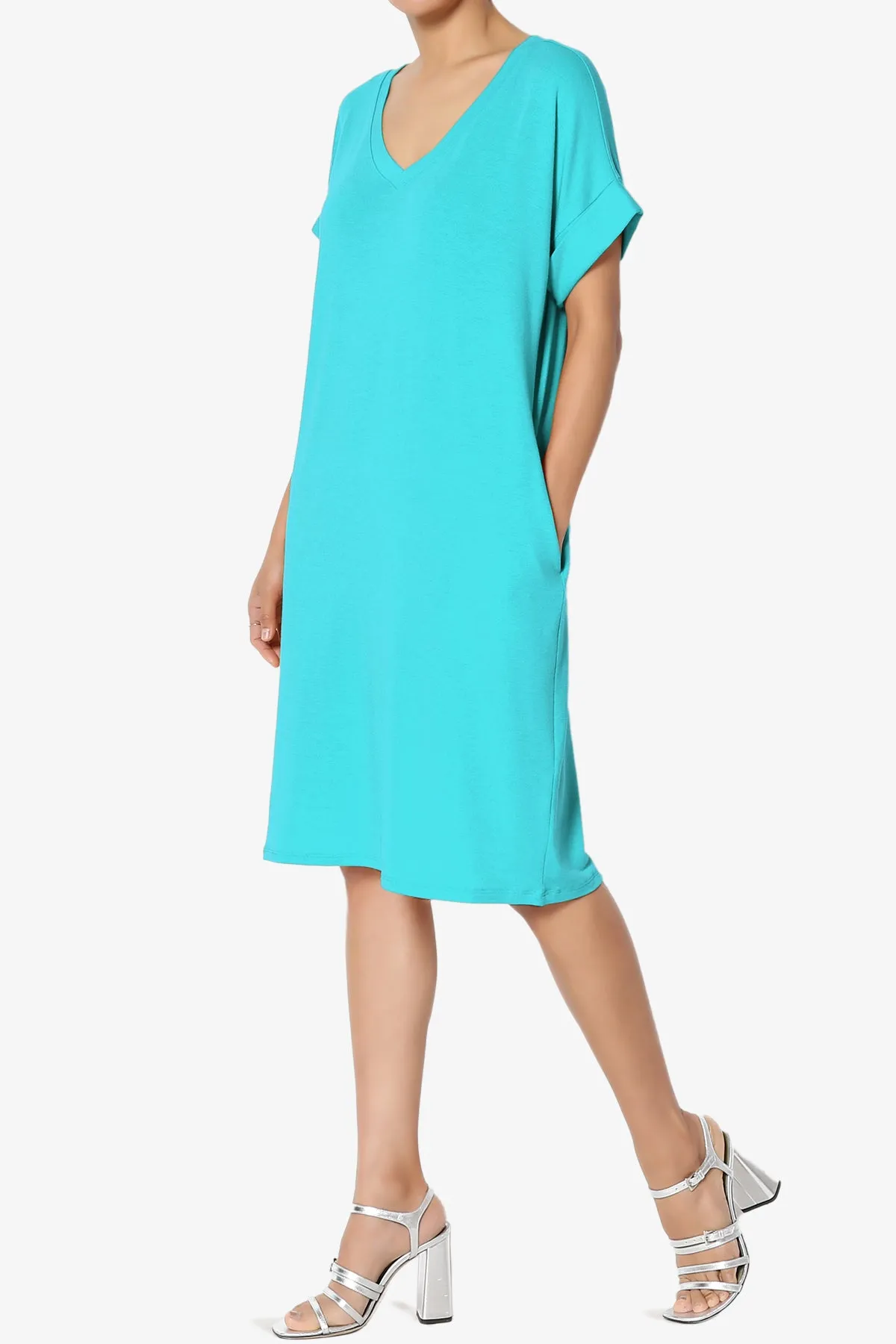 Cliff Rolled Short Sleeve V-Neck Dress