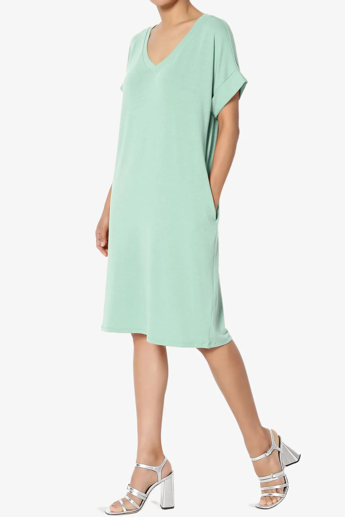 Cliff Rolled Short Sleeve V-Neck Dress