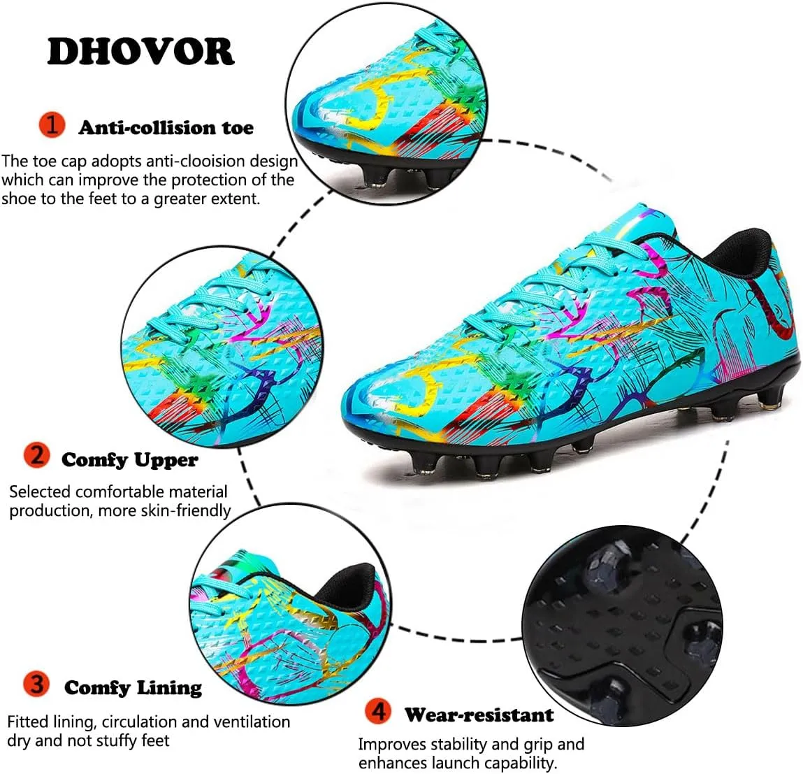 DHOVOR Mens Womens Soccer Cleats FG Football Shoes Unisex Adult Athletics Football Trainers Football Cleats Teenagers Soccer Shoes