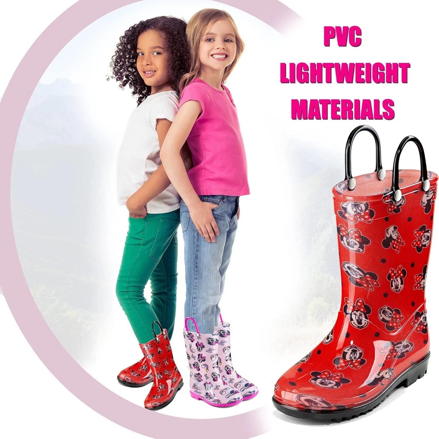 Disney Minnie Mouse Girls' Waterproof PVC Rain Boots with Easy-On Handles  Toddler & Little Kid Sizes