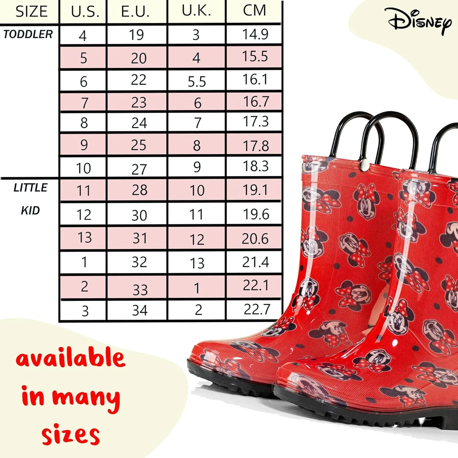 Disney Minnie Mouse Girls' Waterproof PVC Rain Boots with Easy-On Handles  Toddler & Little Kid Sizes