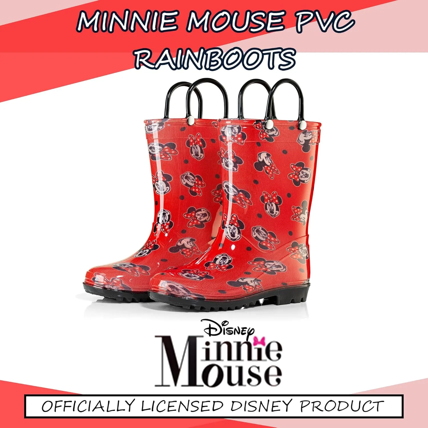 Disney Minnie Mouse Girls' Waterproof PVC Rain Boots with Easy-On Handles  Toddler & Little Kid Sizes