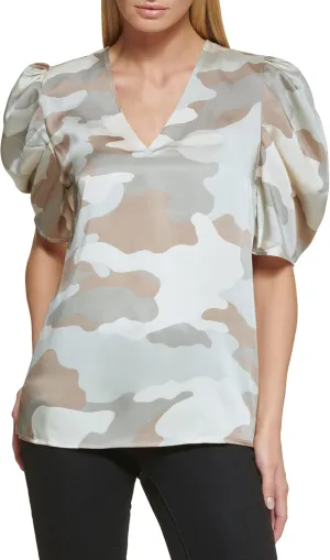 DKNY Women's Polished V-Neck Statement Sportswear Top