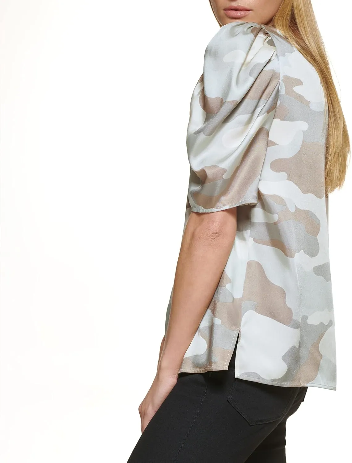 DKNY Women's Polished V-Neck Statement Sportswear Top