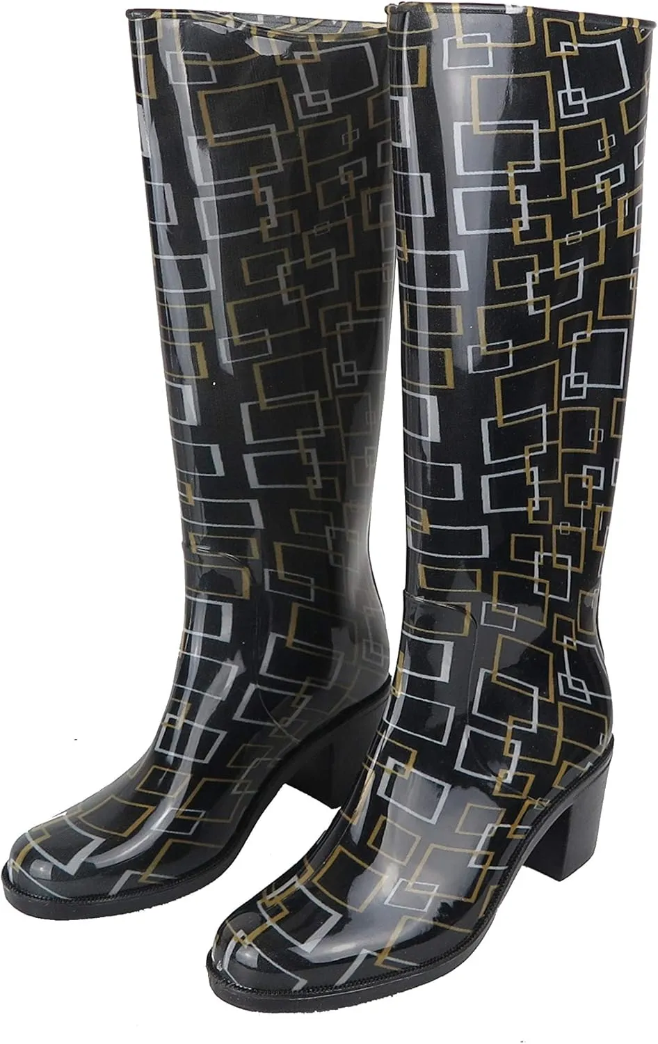 Easy USA Women's 15" Rain Boot Waterproof Rubber Shoes Printed Sizes 6-10 New (6, Black Squares)