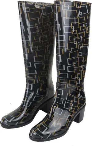 Easy USA Women's 15" Rain Boot Waterproof Rubber Shoes Printed Sizes 6-10 New (6, Black Squares)