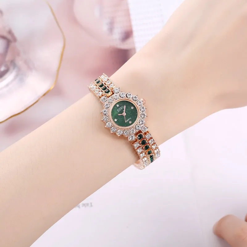 Emerald set sparkling rhinestone watch small and exquisite starry sky dial watch   earring necklace   chain 3pcs/set